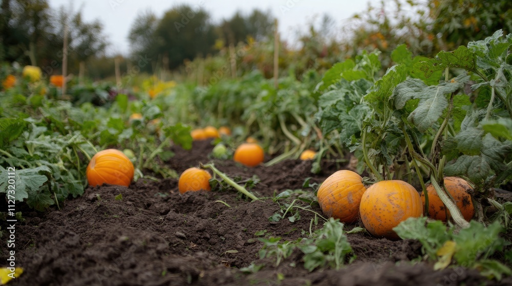 Autumn harvest showcasing vibrant pumpkins nestled among rich soil in a lush agricultural field surrounded by green foliage Autumn harvest showcasing vibrant pumpkins nestled among rich soil in a lush agricultural field surrounded by green foliage