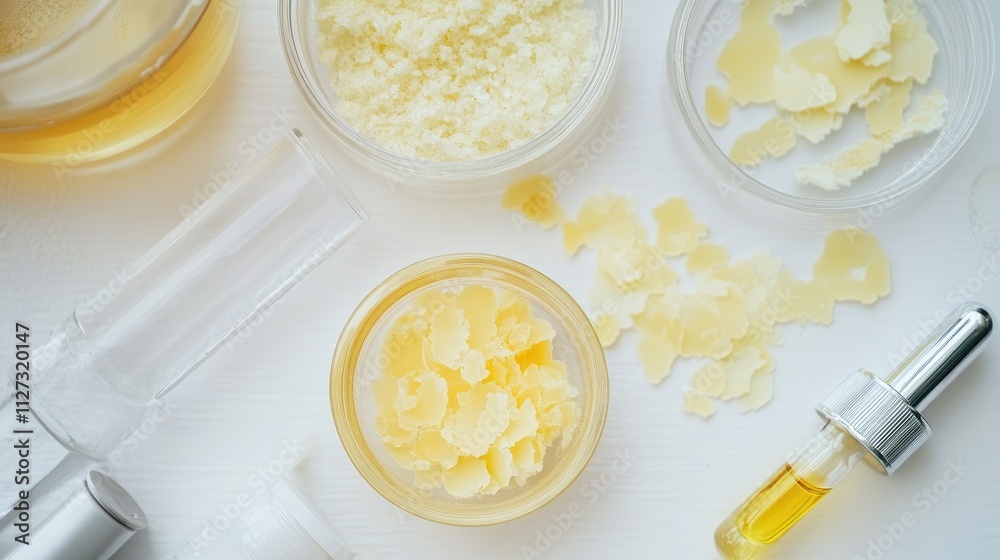Cosmetic Ingredients and Chemicals on Laboratory Table with Dropper Bottle and Yellow Liquid Flakes and Wax for Skincare Products