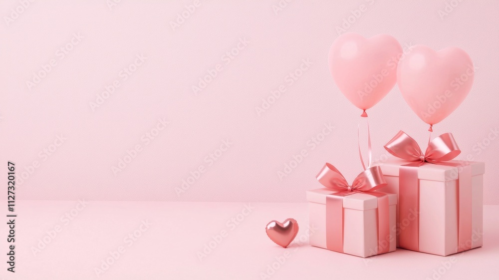 Romantic gift presentation with pink balloons minimalist studio gift boxes soft ambiance elegant viewpoint Romantic gift presentation with pink balloons minimalist studio gift boxes soft ambiance elegant viewpoint