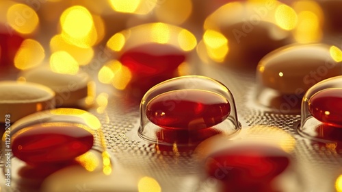 Close-up of antibiotic capsules and tablets arranged on a bright yellow background with selective focus highlighting their details and textures