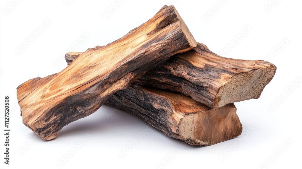 Chopped logs stacked together showcasing unique wood grain patterns isolated on a white background for decorative or crafting uses.