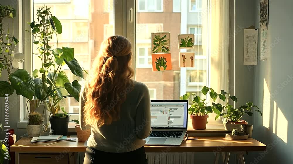 A young professional standing at her desk in a sunlit apartment, working on her laptop, with plants and cozy decor surrounding her bright workspace. A young professional standing at her desk in a sunlit apartment, working on her laptop, with plants and cozy decor surrounding her bright workspace.