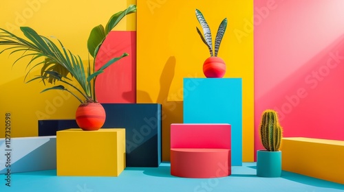 Modern geometric display of plants against a colorful background