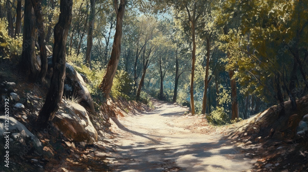 Serene Forest Pathway Surrounded by Lush Greenery and Sunlight Filtering Through Trees on a Peaceful Day Serene Forest Pathway Surrounded by Lush Greenery and Sunlight Filtering Through Trees on a Peaceful Day