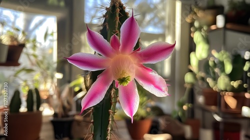 Blooming false Christmas cactus Schlumbergera truncata with vibrant pink flowers in a sunlit indoor garden setting photo