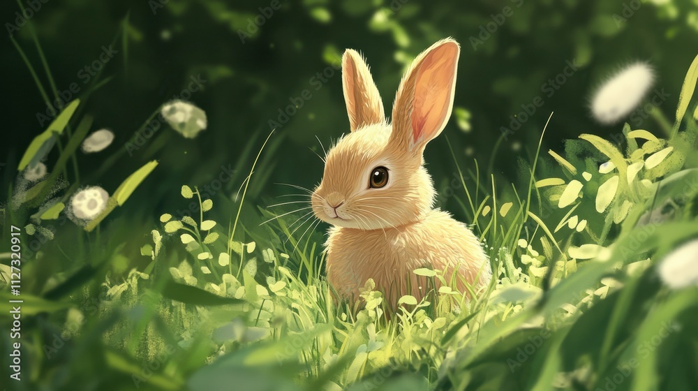 Obraz premium Cute Rabbit Sitting in Green Grass Surrounded by Flowers in Nature
