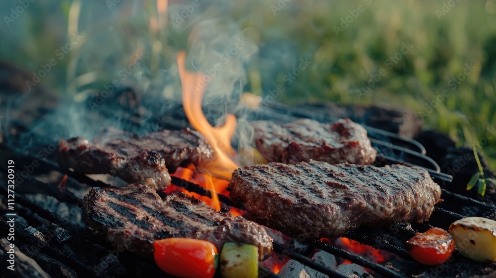 Grilled meat and colorful vegetables on barbecue grill with smoke and flames surrounded by fresh green grass on a sunny day Grilled meat and colorful vegetables on barbecue grill with smoke and flames surrounded by fresh green grass on a sunny day