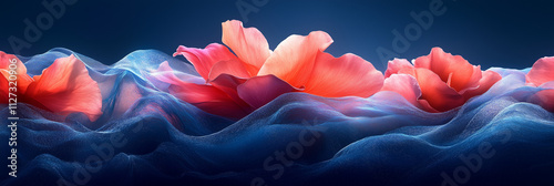 3D rendering, abstract floral background with silk and satin fabric waves, orange lily flower, teal blue-green, gold elements, dark grey gradient background, Cinema 4D, Blender, Unreal Engine 5