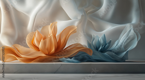 3D rendering, abstract floral background with silk and satin fabric waves, orange lily flower, teal blue-green, gold elements, dark grey gradient background, Cinema 4D, Blender, Unreal Engine 5