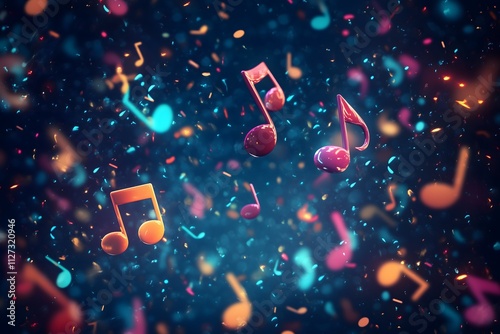 A vibrant representation of colorful musical notes against a dark blue background, creating a lively musical atmosphere.