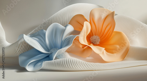 3D rendering, abstract floral background with silk and satin fabric waves, orange lily flower, teal blue-green, gold elements, dark grey gradient background, Cinema 4D, Blender, Unreal Engine 5