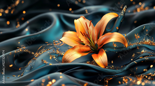 3D rendering, abstract floral background with silk and satin fabric waves, orange lily flower, teal blue-green, gold elements, dark grey gradient background, Cinema 4D, Blender, Unreal Engine 5