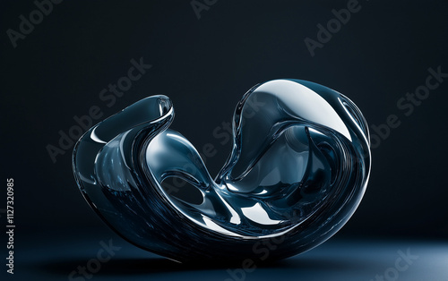 3D render of an abstract blue shape on a dark background, an abstract organic form with fluid and flowing shapes, and a blue gradient color