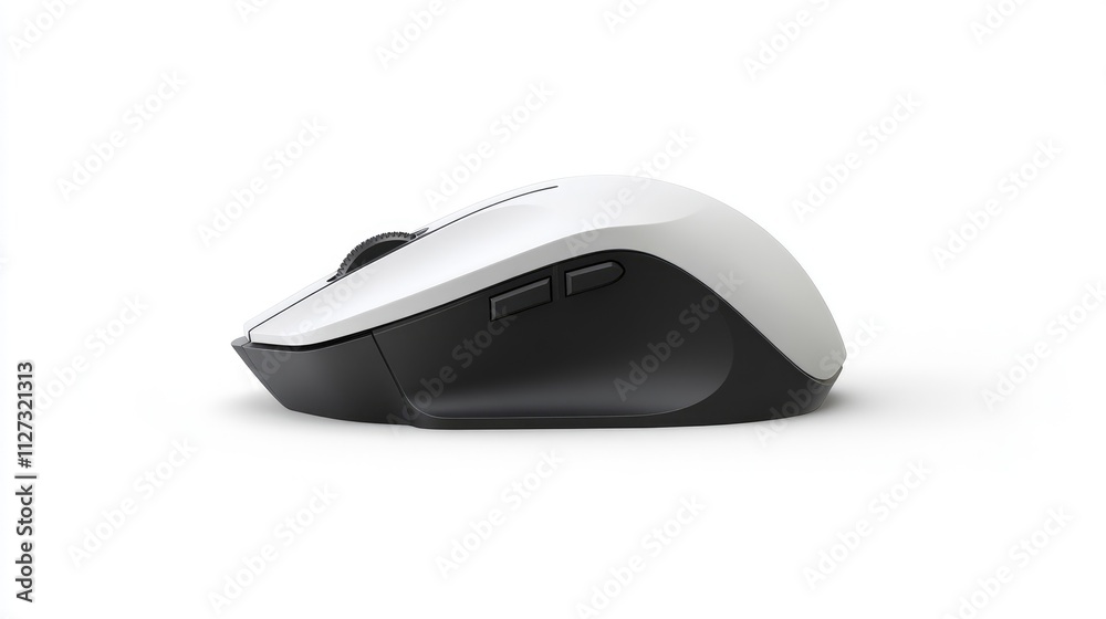 Wireless computer mouse with scroll wheel on a clean white background showcasing sleek modern design and ergonomic features. Wireless computer mouse with scroll wheel on a clean white background showcasing sleek modern design and ergonomic features.