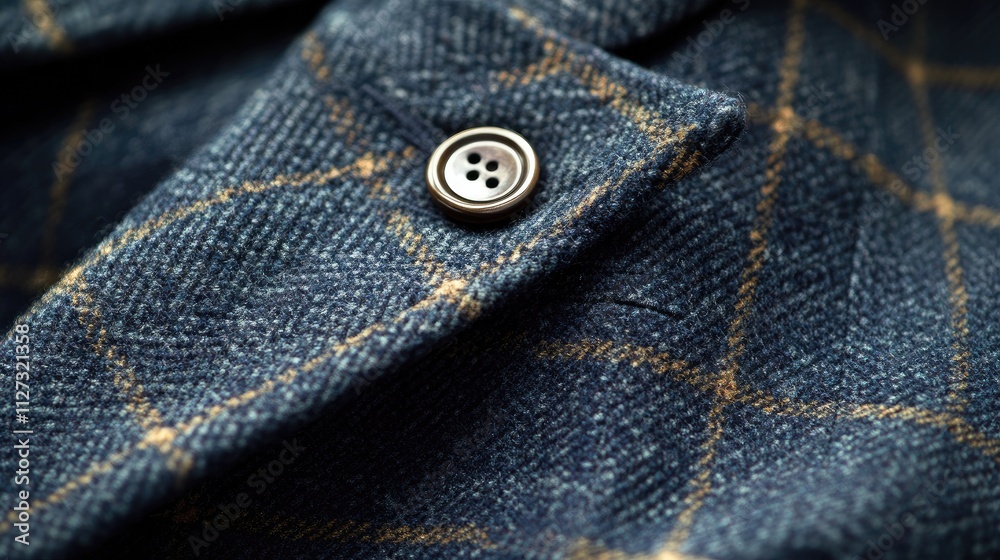 Close-up of tailored suit fabric showcasing intricate patterns and high-quality craftsmanship with stylish button detail Close-up of tailored suit fabric showcasing intricate patterns and high-quality craftsmanship with stylish button detail
