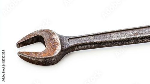 Rusty combination wrench on a white background showcasing its detailed design and wear from use in various mechanical applications