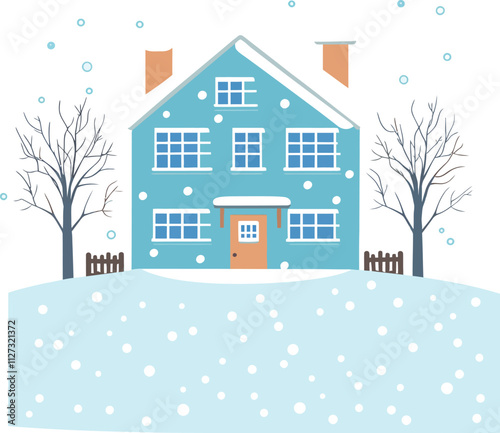 a flat vector in a winter landscape with the house on a white background.