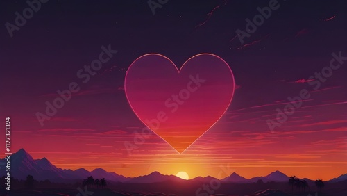 Heart shape sunset, Retro wave sunset, Valentine's day, style of synth wave artwork, background

