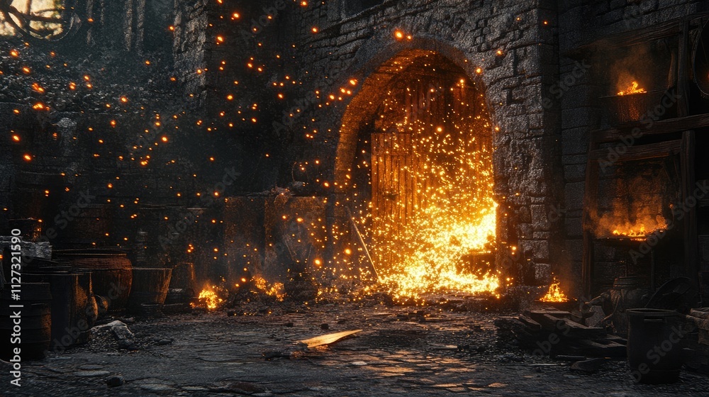 Dynamic fire sparks illuminating a historic forge with glowing embers and a rustic atmosphere showcasing craftsmanship and ancient techniques Dynamic fire sparks illuminating a historic forge with glowing embers and a rustic atmosphere showcasing craftsmanship and ancient techniques