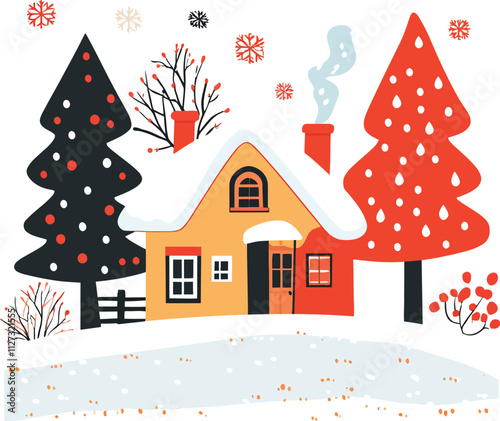 a flat vector in a winter landscape with the house on a white background.