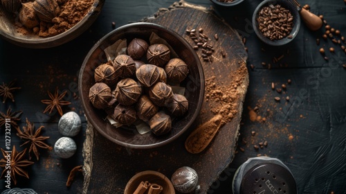 Artisan chocolate truffles with cocoa powder and spices on dark surface photo