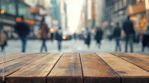 Wooden Tabletop Display with Urban Street Scene and People Walking in the Background for Product Showcase or Advertising Use