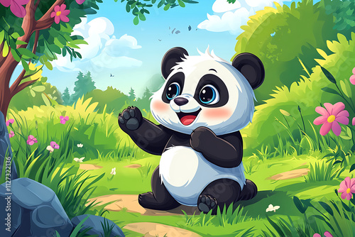 A cheerful cartoon panda sits in a vibrant, flower-filled forest, exuding joy and playfulness. photo