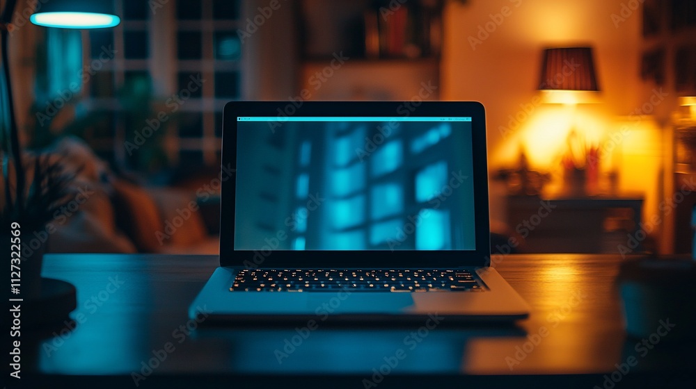 Laptop screen glows brightly in a dimly lit room at night. Laptop screen glows brightly in a dimly lit room at night.