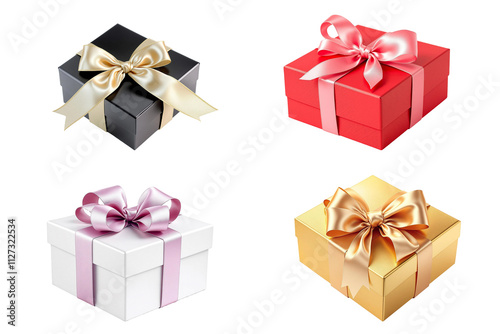 christmas Foure Gift Boxes With Gold and pink  Ribbon Bows Against and White the Clear Surface Transparent Background photo