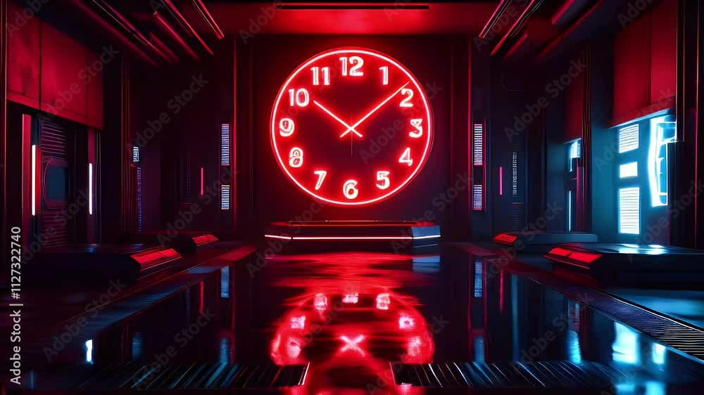 A futuristic room featuring a large red neon clock on a reflective floor.