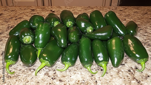 Fresh Jalapeno Peppers Gathered on Kitchen Counter with Chef's Knife Ready for Cooking and Preparation photo