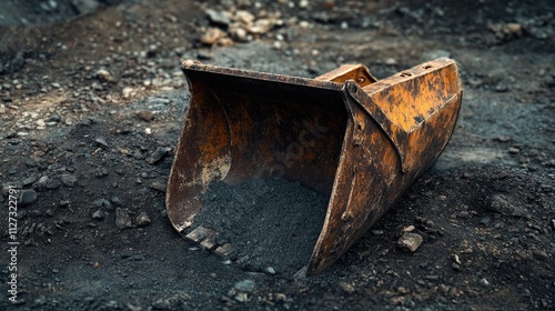 Digger bucket resting on gravel at a construction site ready for excavation and heavy machinery operations. photo