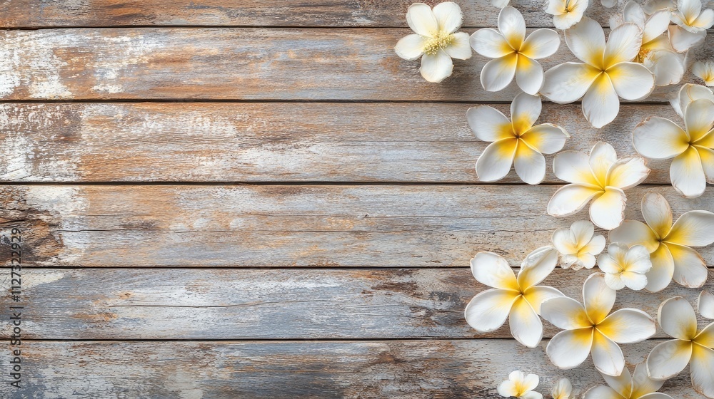Frangipani Plumeria flowers arranged on rustic wooden background for natural beauty and floral themes Frangipani Plumeria flowers arranged on rustic wooden background for natural beauty and floral themes