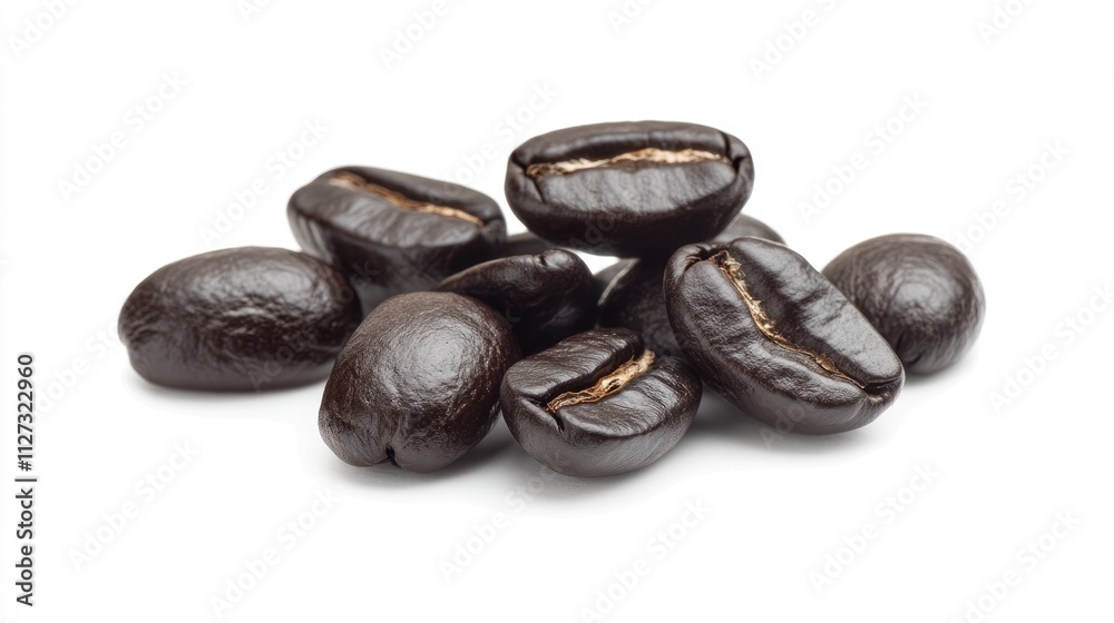 Rich dark roasted coffee beans isolated on white background showcasing their glossy texture and distinct shape for beverage and culinary use. Rich dark roasted coffee beans isolated on white background showcasing their glossy texture and distinct shape for beverage and culinary use.
