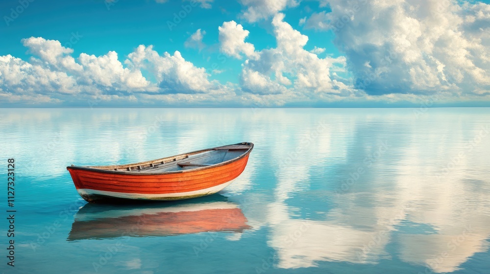 Serene fishing boat floating on calm sea with vibrant clouds reflecting in clear blue water under a picturesque horizon. Serene fishing boat floating on calm sea with vibrant clouds reflecting in clear blue water under a picturesque horizon.