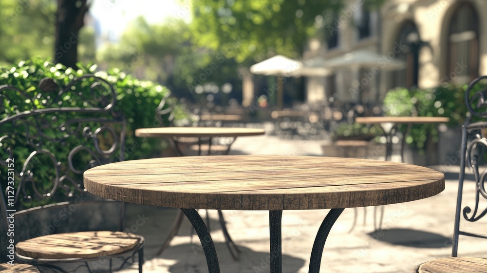 Outdoor cafe scene featuring wooden tables in focus surrounded by greenery and inviting ambiance ideal for relaxation and social gatherings Outdoor cafe scene featuring wooden tables in focus surrounded by greenery and inviting ambiance ideal for relaxation and social gatherings