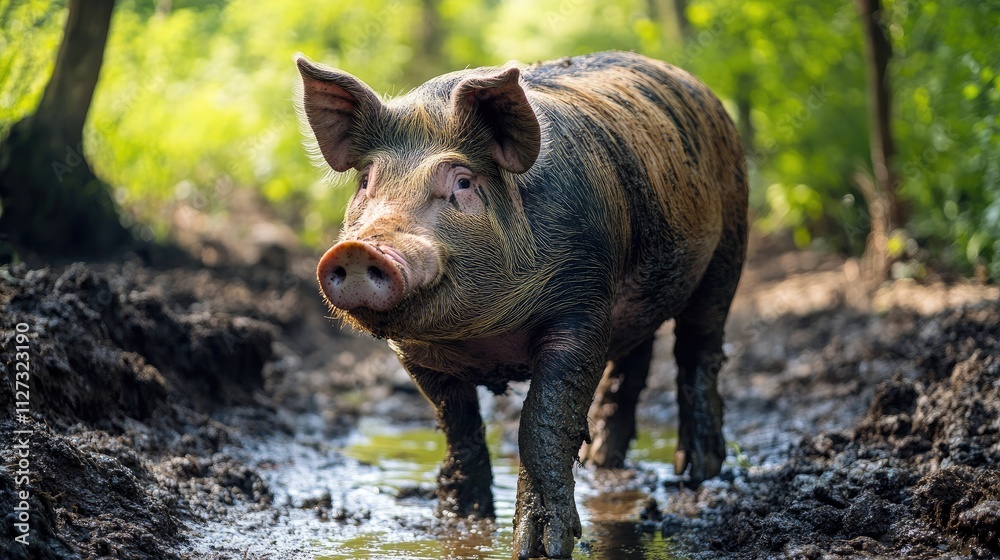 Organic farm pig exploring muddy terrain in rural setting showcasing natural farming practices and animal husbandry in a sustainable environment Organic farm pig exploring muddy terrain in rural setting showcasing natural farming practices and animal husbandry in a sustainable environment