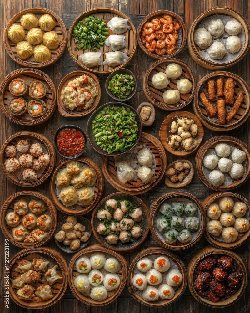 A vibrant assortment of dim sum dishes served in bamboo steamers. A vibrant assortment of dim sum dishes served in bamboo steamers.
