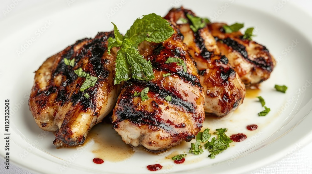 Grilled chicken wings with peppermint garnish on a white plate against a minimalist white background showcasing gourmet presentation Grilled chicken wings with peppermint garnish on a white plate against a minimalist white background showcasing gourmet presentation