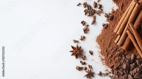 Cinnamon sticks and chocolate with cocoa powder and star anise arranged on a white background for culinary and aromatic themes photo