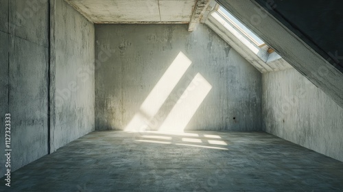 Attic conversion construction site featuring concrete walls and partially spackled drywall with natural light through skylights.