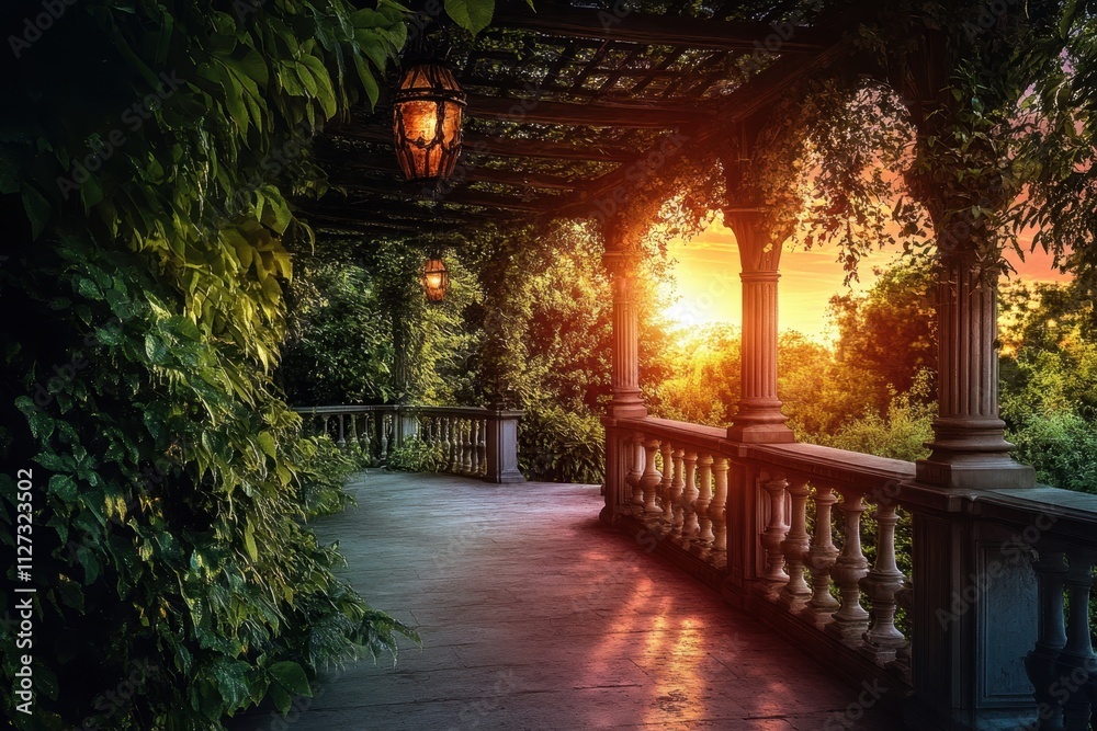 Sunset view from a lush balcony with ornate architecture and glowing lanterns