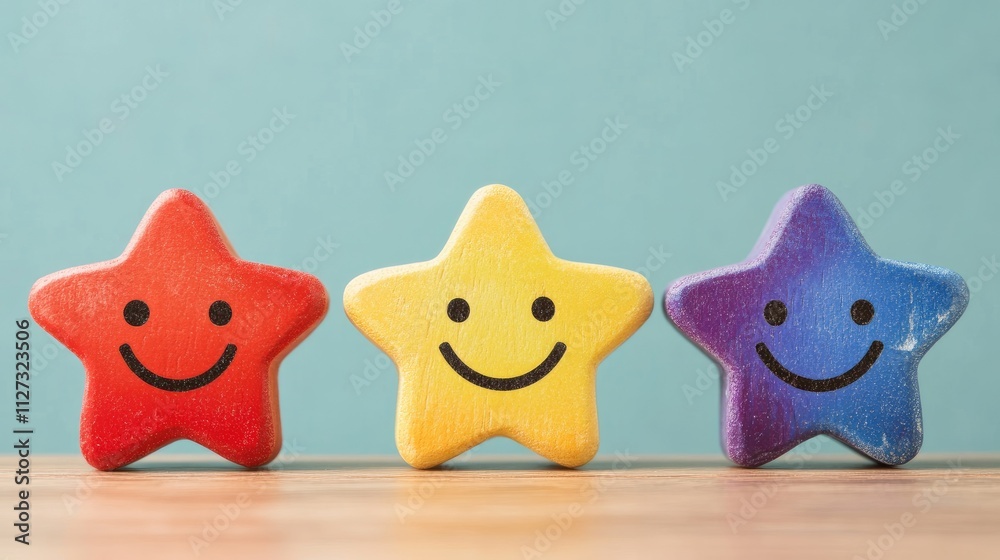 Fototapeta premium Colorful wooden stars with smiling faces representing customer satisfaction and feedback in service quality evaluations.