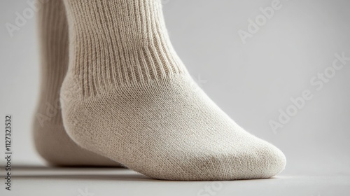 Soft cotton sock on human foot in lateral view showcasing texture and design against a neutral background for fashion or apparel concepts
