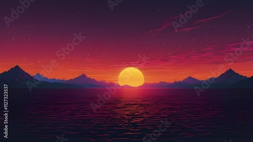 Heart shape sunset, Retro wave sunset, Valentine's day, style of synth wave artwork, background

