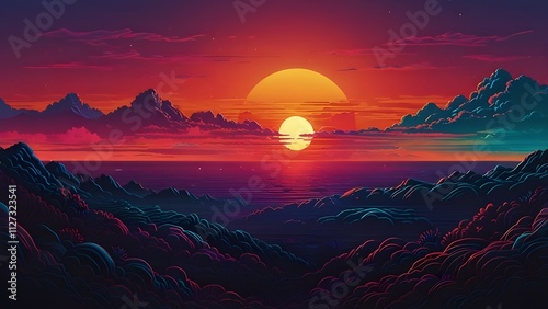 Heart shape sunset, Retro wave sunset, Valentine's day, style of synth wave artwork, background

