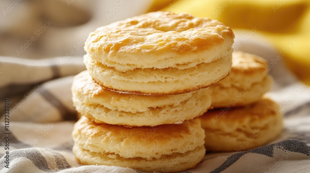 Delicious Freshly Baked Biscuits Stacked on a Cozy Cloth Background Delicious Freshly Baked Biscuits Stacked on a Cozy Cloth Background