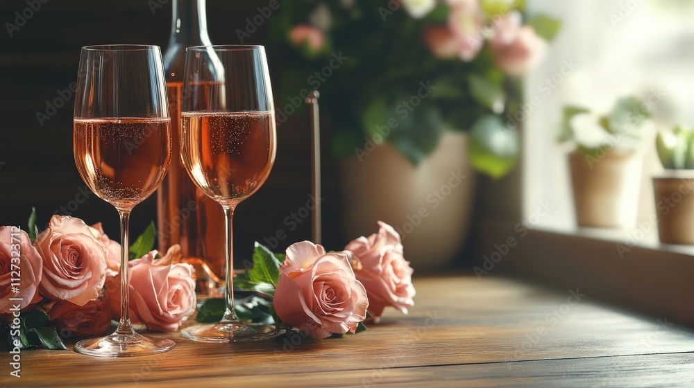 Honeymoon celebration with sparkling wine glasses and a bouquet of roses on a wooden table creating a romantic ambiance for special moments Honeymoon celebration with sparkling wine glasses and a bouquet of roses on a wooden table creating a romantic ambiance for special moments