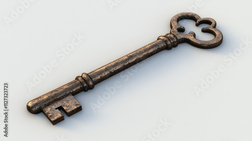 Antique ornate key isolated on a light background representing concepts of security and mystery in vintage design