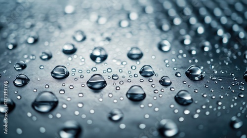 Water droplets on a metallic surface creating an abstract texture in a close-up view showcasing reflections and light patterns.